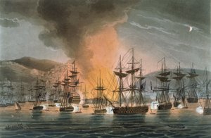 1816年8月27日、トーマスサザーランド（bc1785）によって刻まれたジェームズジェンキンスの「イギリスの海軍功績」からのアルジェの砲撃、1817年（ハンドアクアチント）の出版 作： Thomas Whitcombe